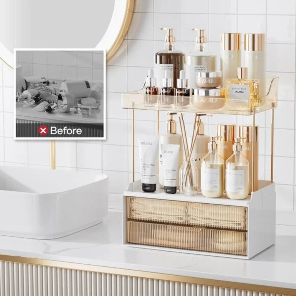 New 2-Tier Bathroom Organizer with Drawers, Amber Countertop Storage for Vanity